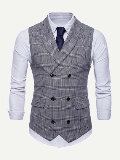 Men Plaid Double Breasted Pointed Hem Vest - Styleflea