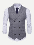 Men Plaid Double Breasted Pointed Hem Vest (ONLY VEST/NO SHIRT & TIE ) - styleflea