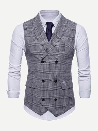 Men Plaid Double Breasted Pointed Hem Vest (ONLY VEST/NO SHIRT & TIE ) - styleflea