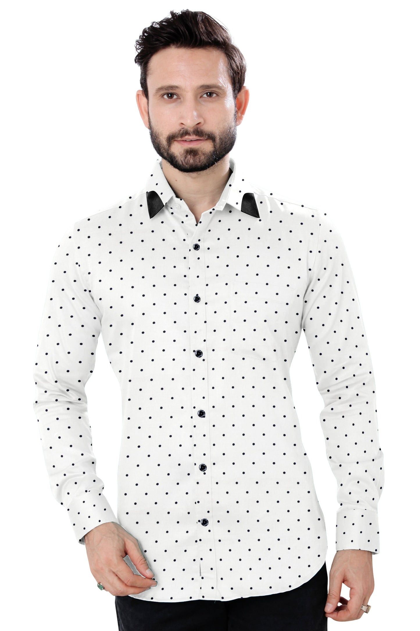 Men's White Black Dotted Casual Full Sleeves 100% Cotton 