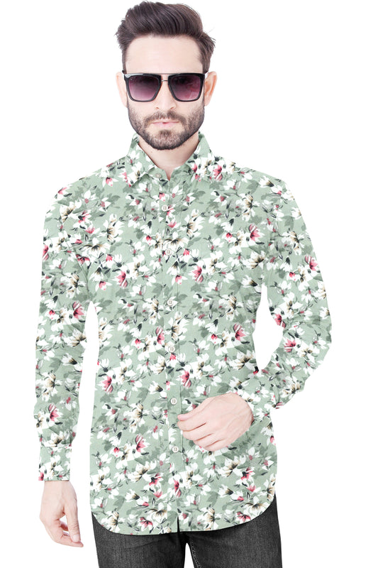Men's Green Flower Printed Casual Full Sleeves 100% Cotton 