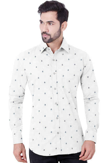 Men's White Flower Printed Casual Shirt Full Sleeves 100% Cotton 