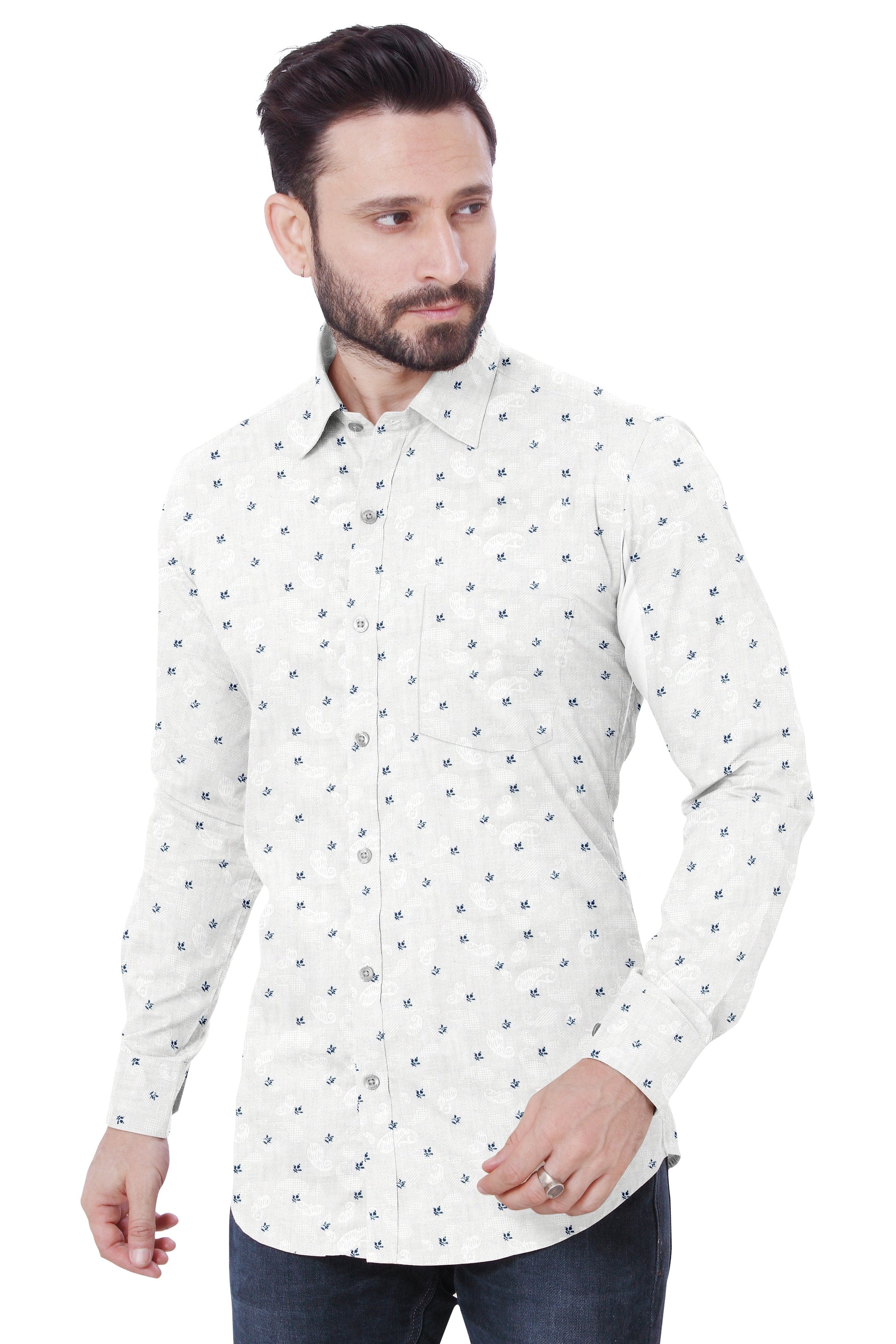 Men's White Printed Casual Shirt Full Sleeves 100% Cotton 