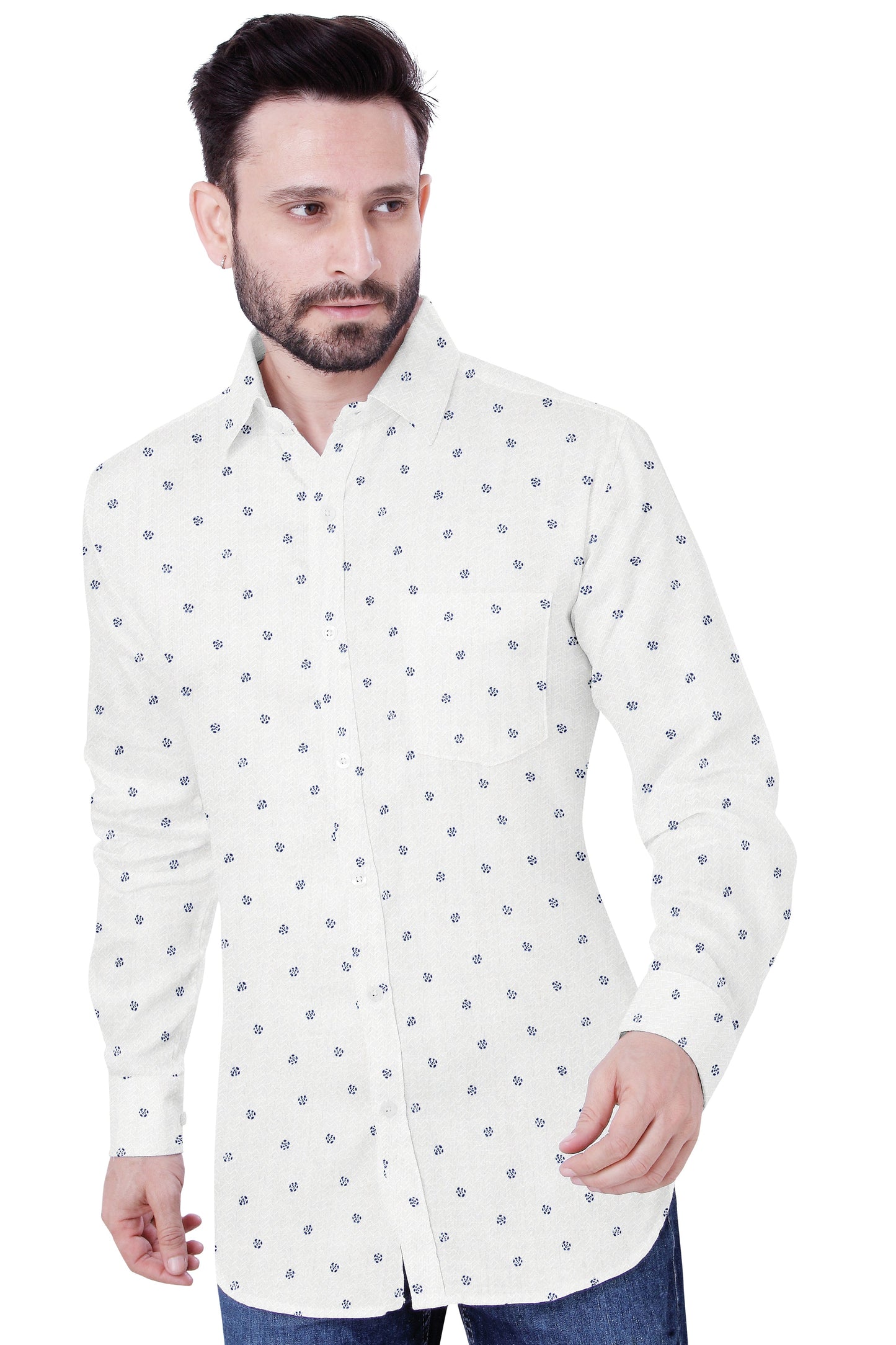 Men's White Printed Casual Shirt Full Sleeves 100% Cotton 