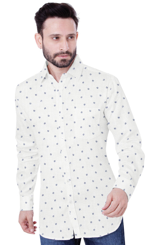 Men's White Printed Casual Full Sleeves 100% Cotton 