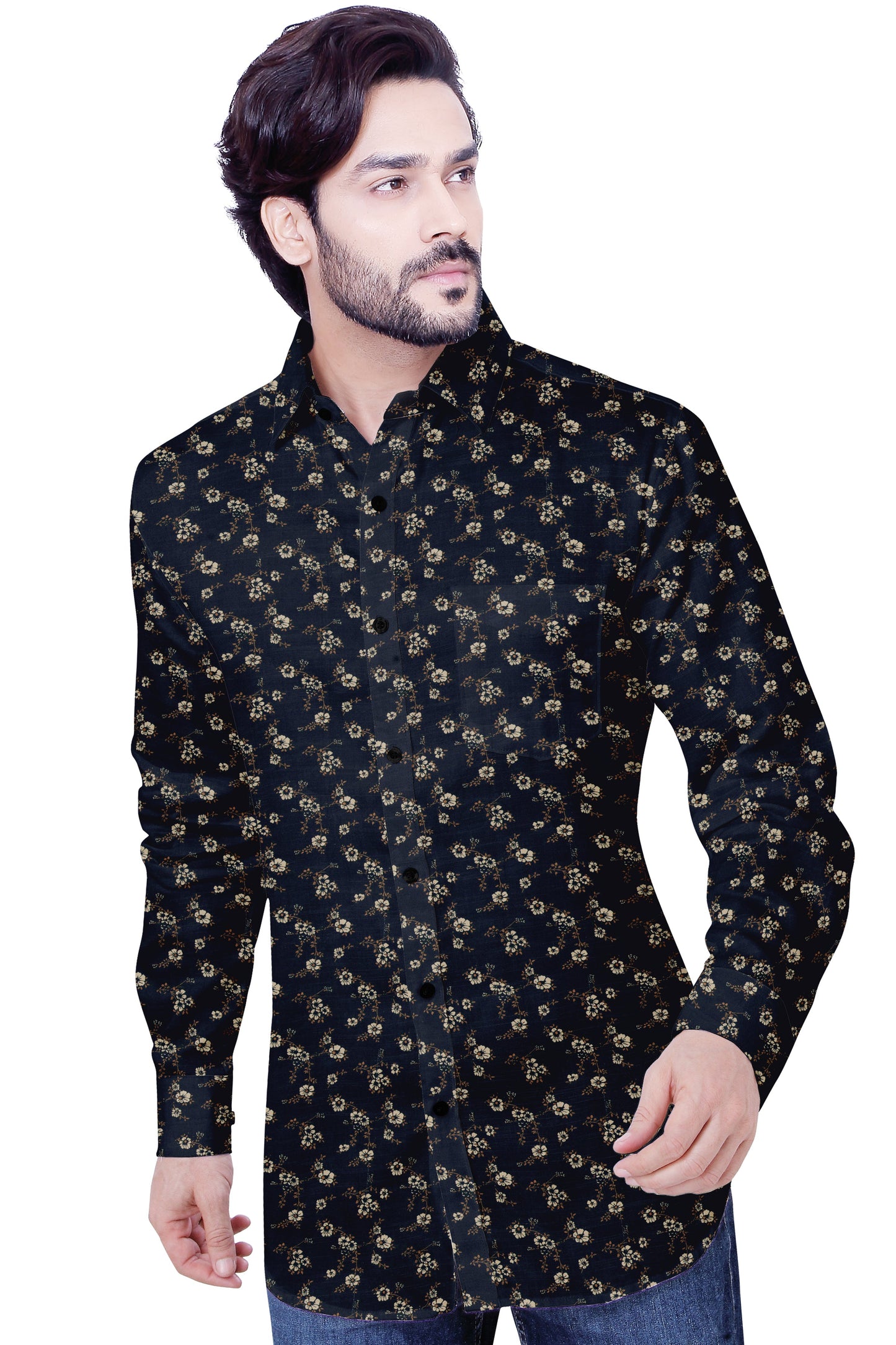 Men's Dark Black Flower Casual Shirt Full Sleeves 100% Cotton 