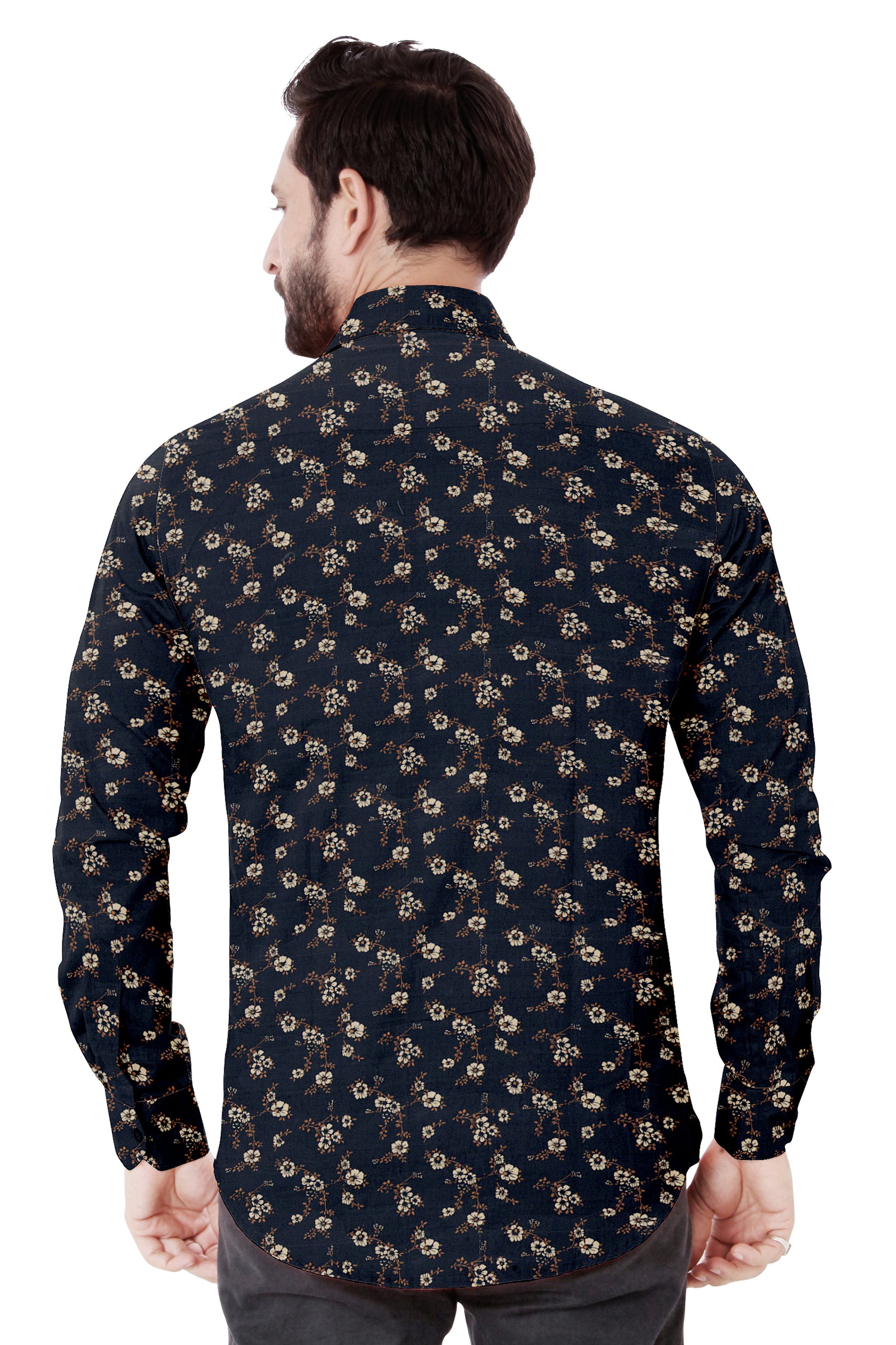 Men's Dark Black Flower Casual Shirt Full Sleeves 100% Cotton - Styleflea