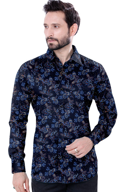 Men's Dark Blue Printed Casual Shirt Full Sleeves 100% Cotton 