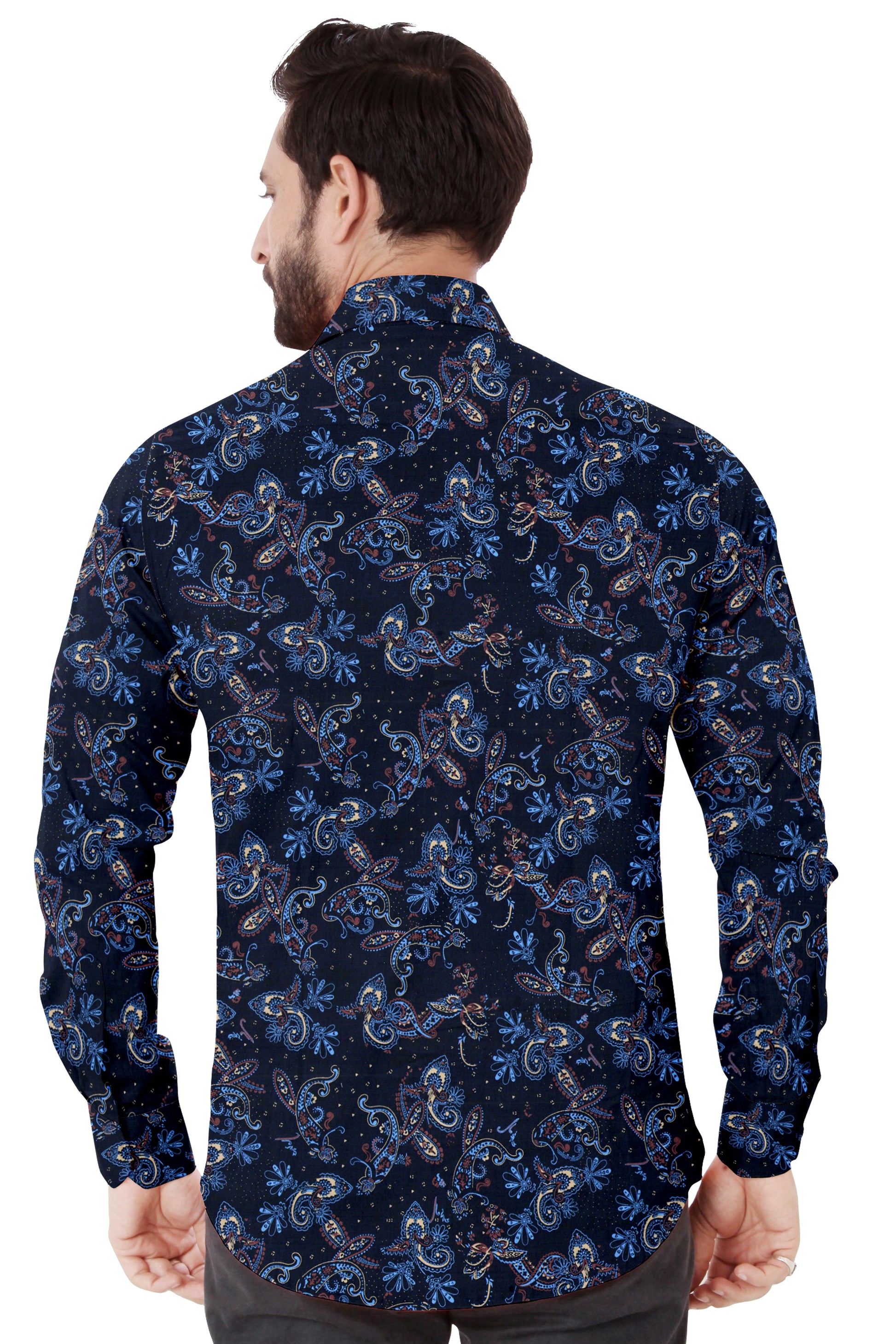 Men's Dark Blue Printed Casual Shirt Full Sleeves 100% Cotton - Styleflea