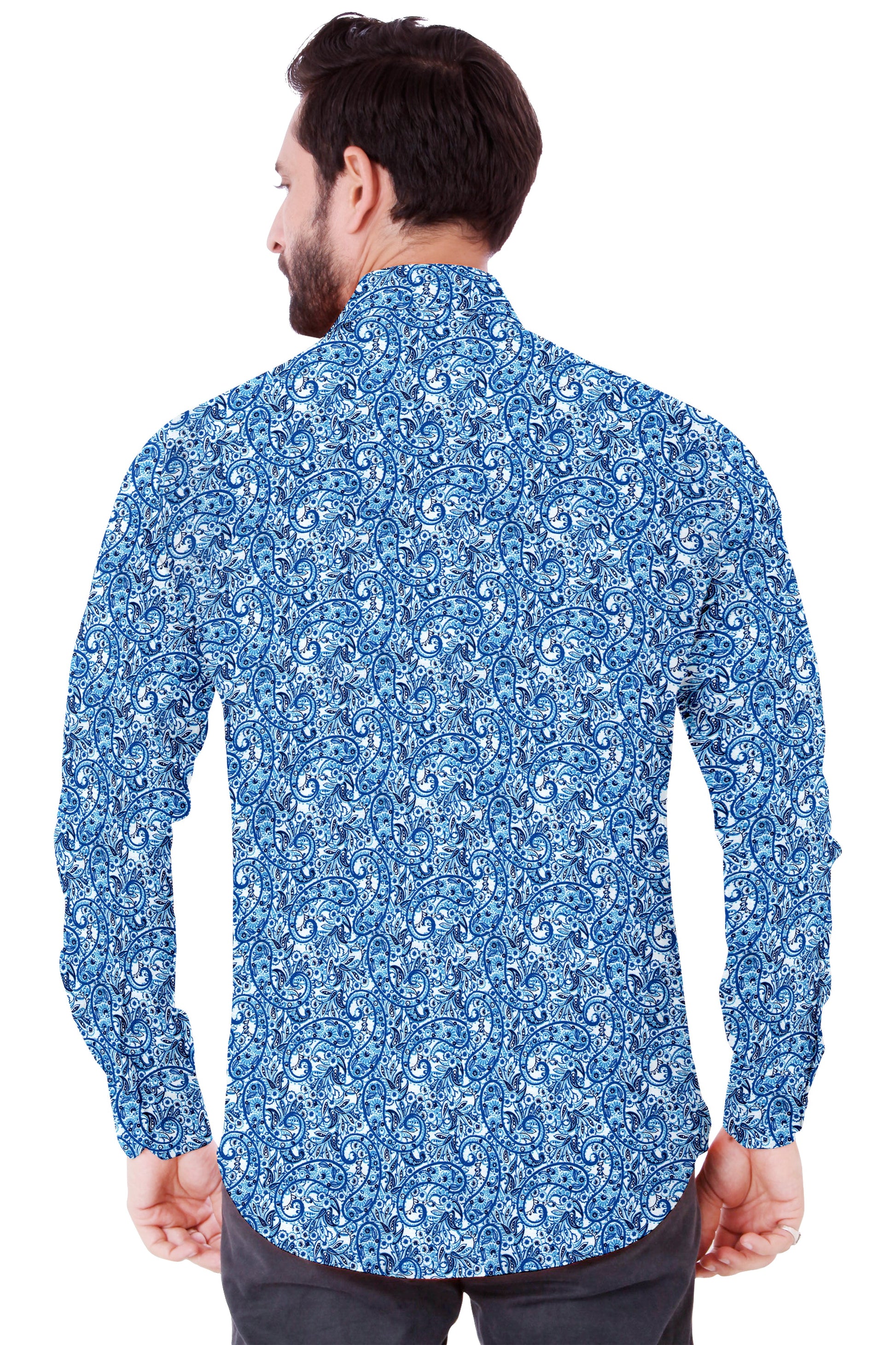 Men's Blue Printed Casual Shirt Full Sleeves 100% Cotton - Styleflea