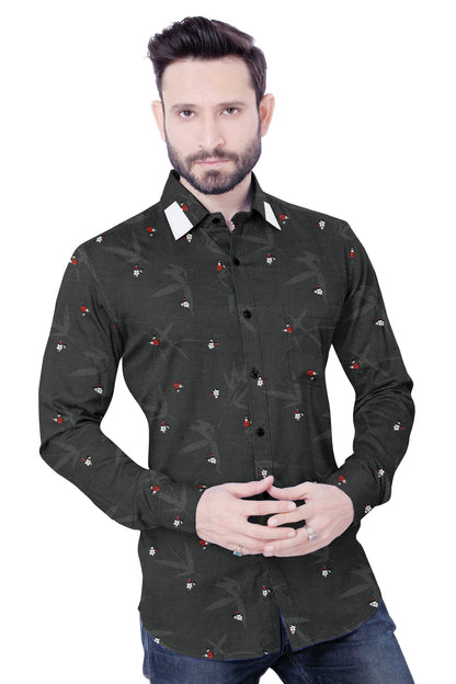 Men's Black Flower Printed Casual Shirt Full Sleeves 100% Cotton 