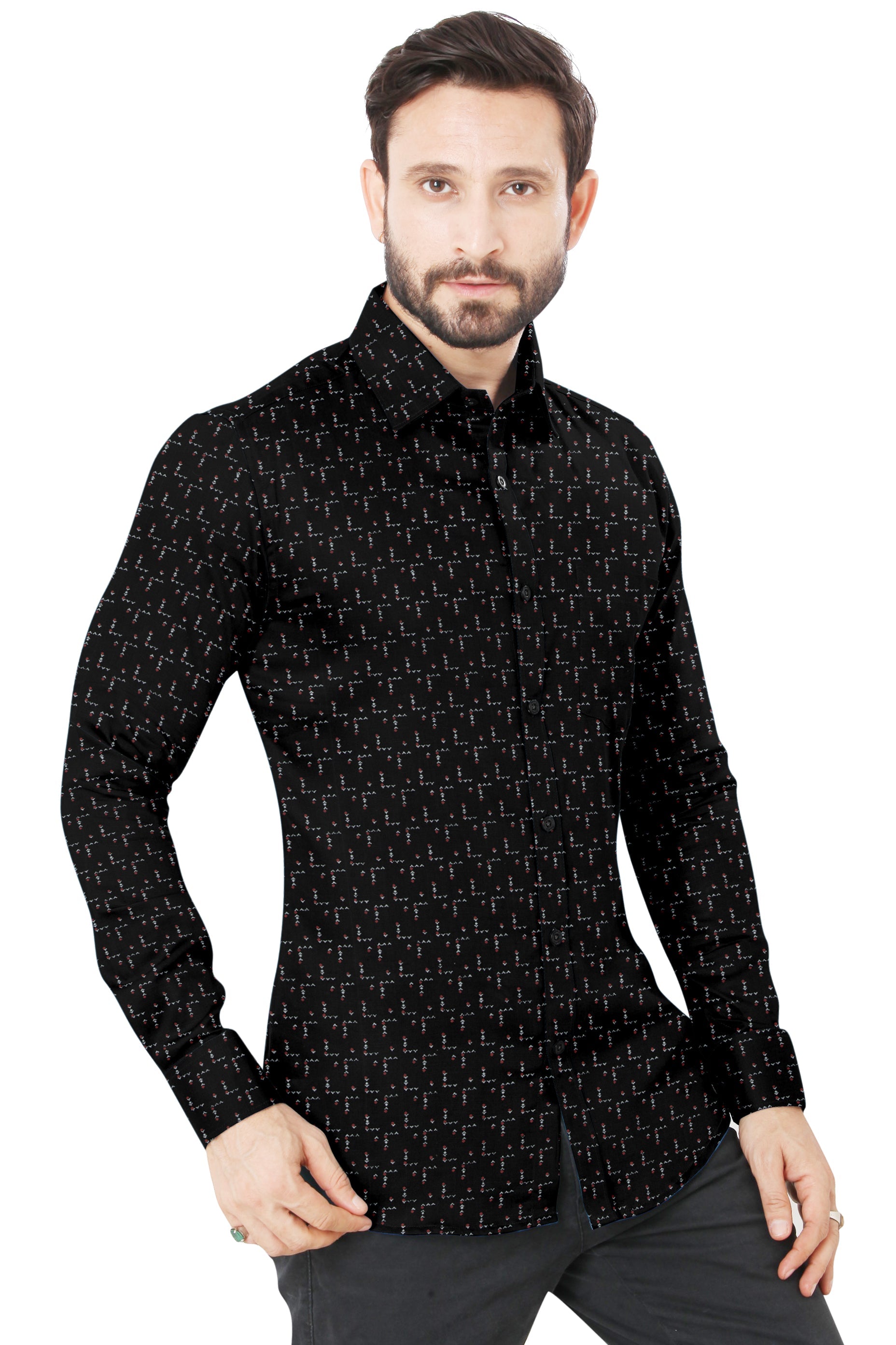 Men's Black Printed Casual Full Sleeves 100% Cotton 