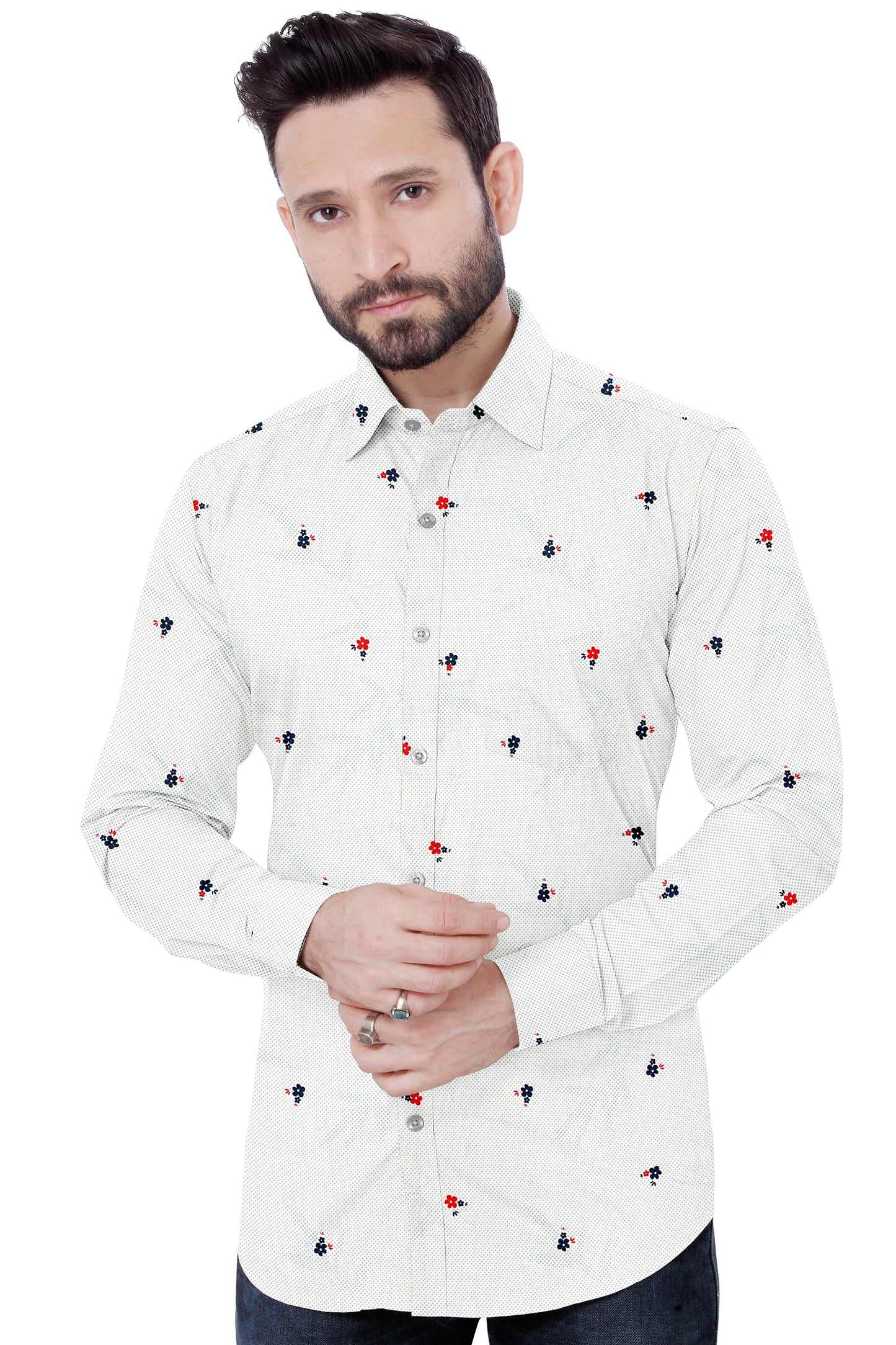 Men's White Flower Printed Casual Shirt Full Sleeves 100% Cotton 