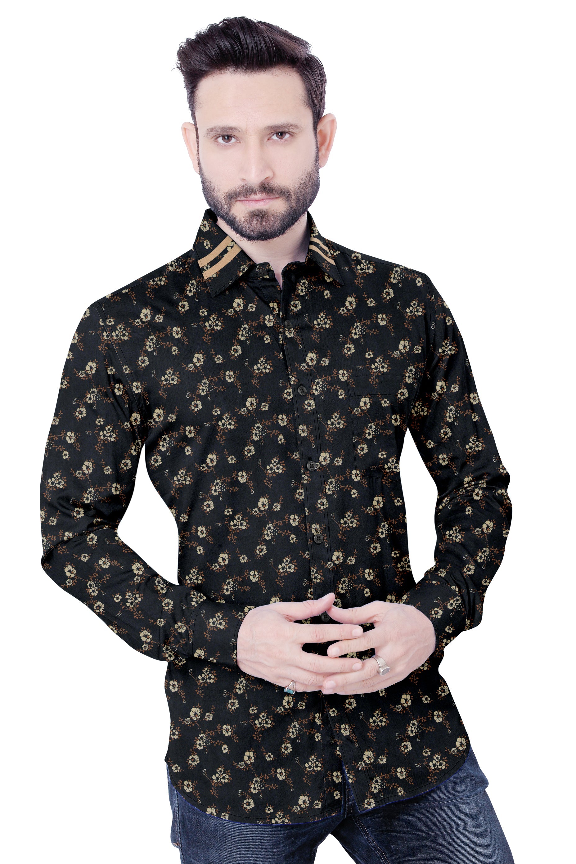 Men's Black Yellow Flower Printed Casual Full Sleeves 100% Cotton 