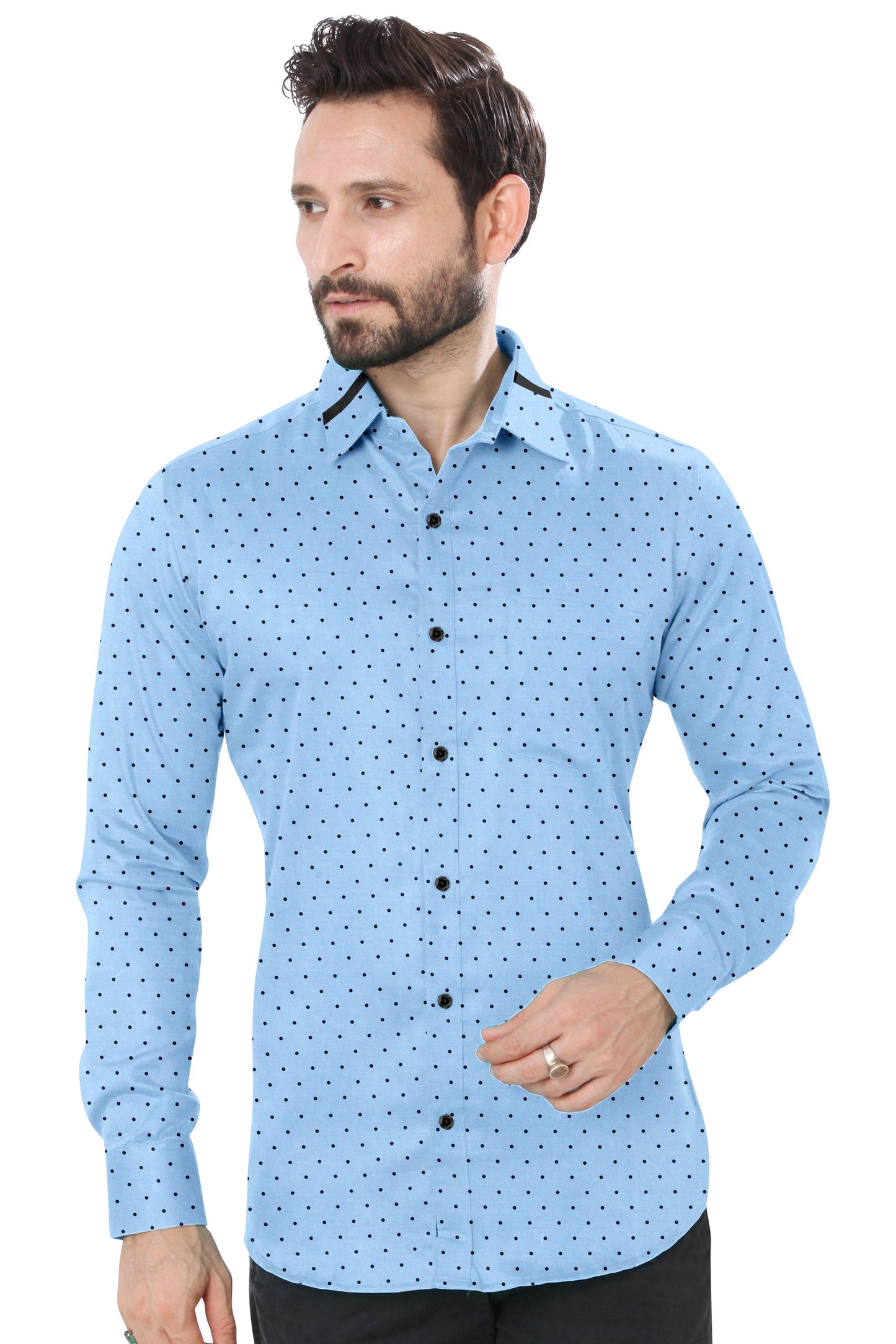 Men's Blue Black DOtted Casual Shirt Full Sleeves 100% Cotton 