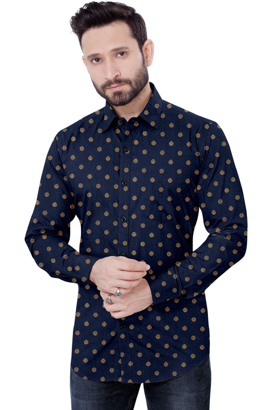 Men's Blue Yellow Dotted Casual Full Sleeves 100% Cotton 