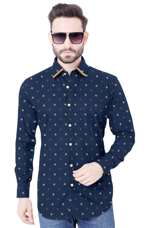 Men's Blue Card Printed Casual Full Sleeves 100% Cotton 