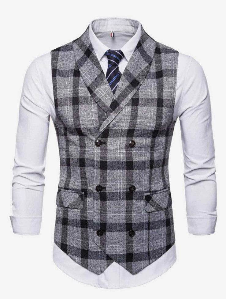 Men Plaid Double Breasted Pointed Hem Vest (ONLY VEST/NO SHIRT & TIE ) - styleflea