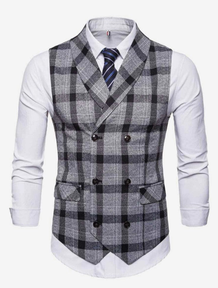 Men Plaid Double Breasted Pointed Hem Vest (ONLY VEST/NO SHIRT & TIE )