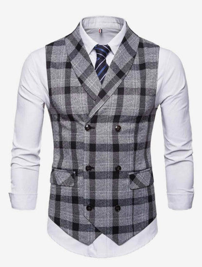 Men Plaid Double Breasted Pointed Hem Vest (ONLY VEST/NO SHIRT & TIE )