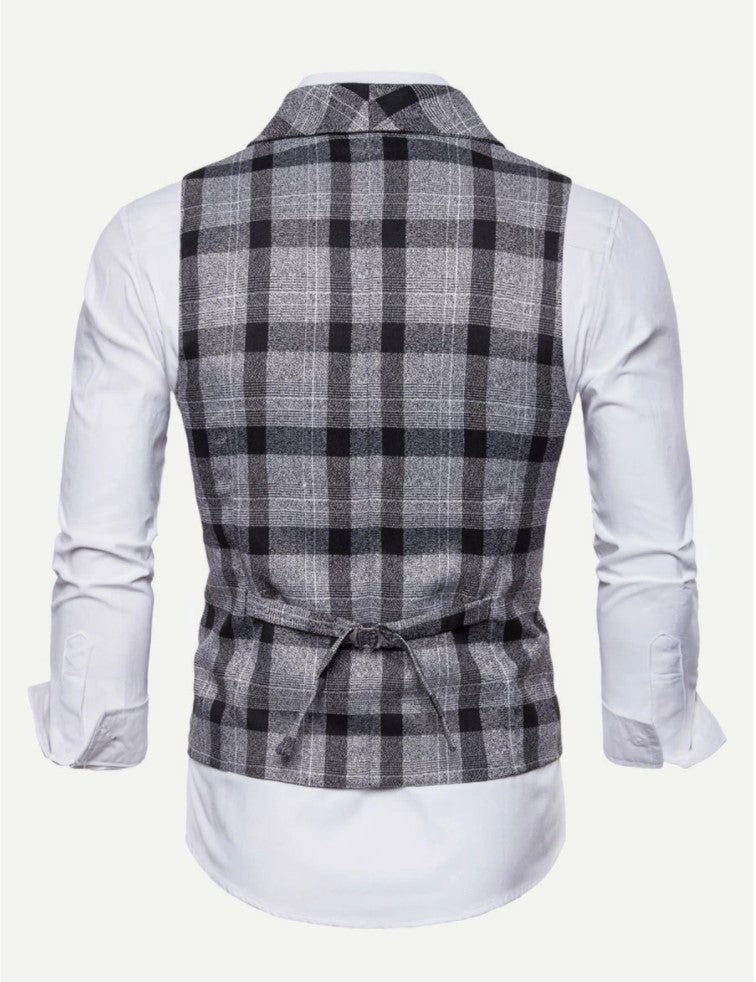 Men Plaid Double Breasted Pointed Hem Vest (ONLY VEST/NO SHIRT & TIE )
