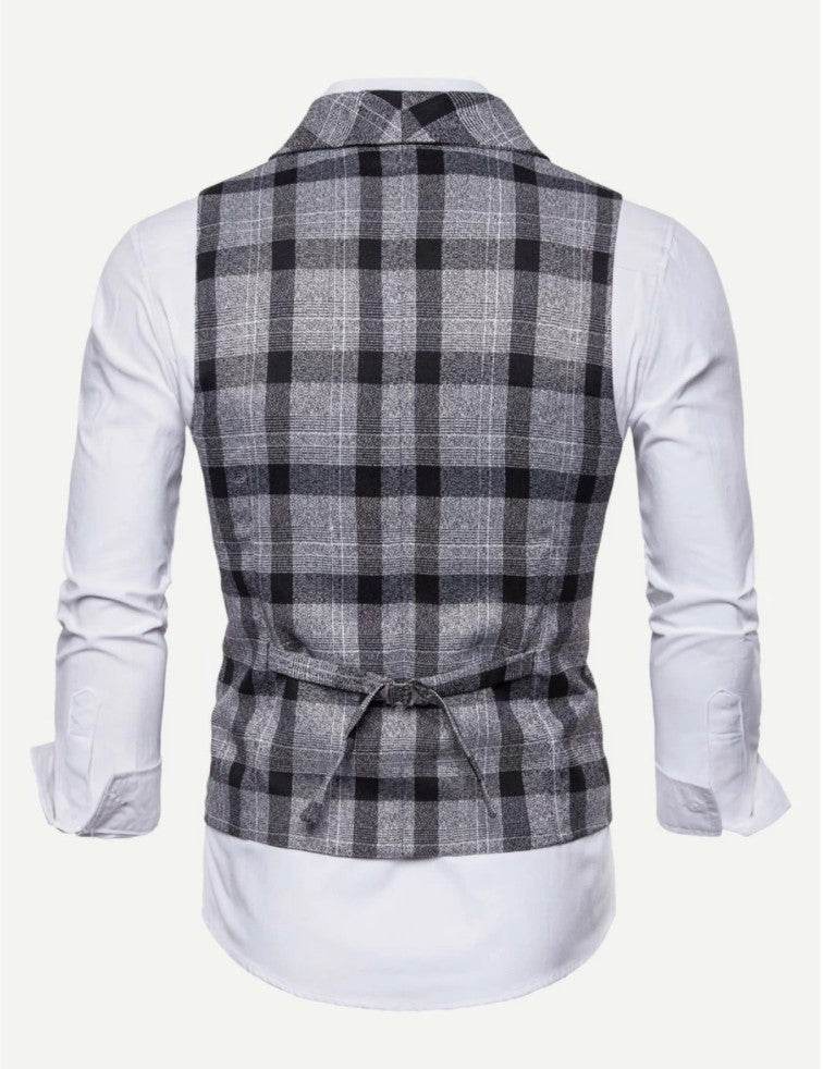 Men Plaid Double Breasted Pointed Hem Vest (ONLY VEST/NO SHIRT & TIE ) - styleflea