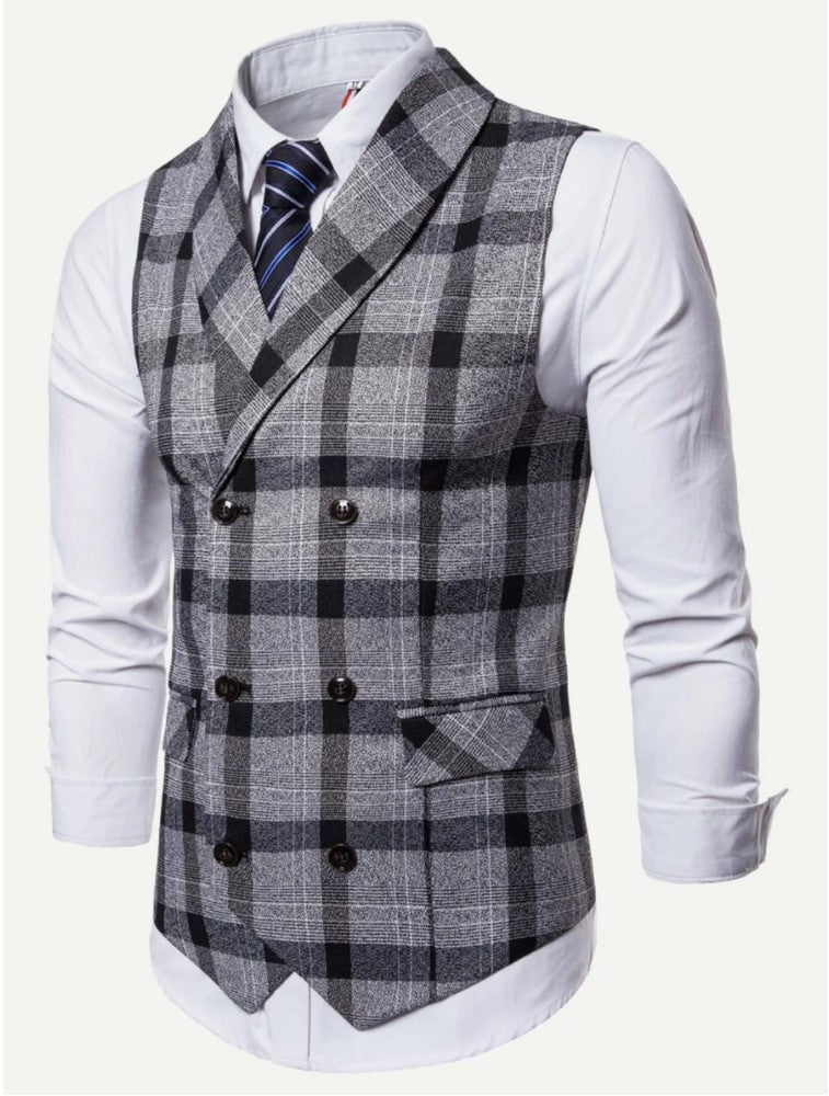 Men Plaid Double Breasted Pointed Hem Vest (ONLY VEST/NO SHIRT & TIE )