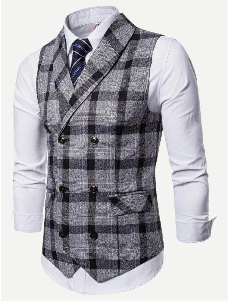 Men Plaid Double Breasted Pointed Hem Vest (ONLY VEST/NO SHIRT & TIE ) - styleflea