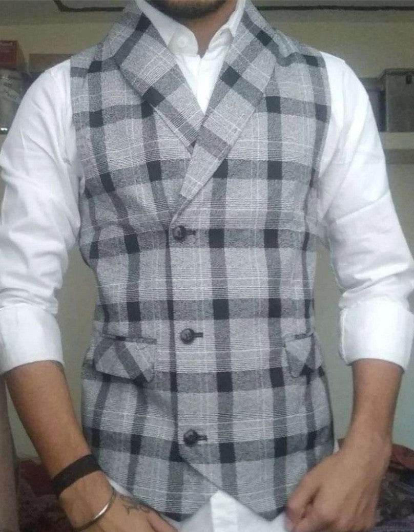 Men Plaid Double Breasted Pointed Hem Vest (ONLY VEST/NO SHIRT & TIE ) - styleflea