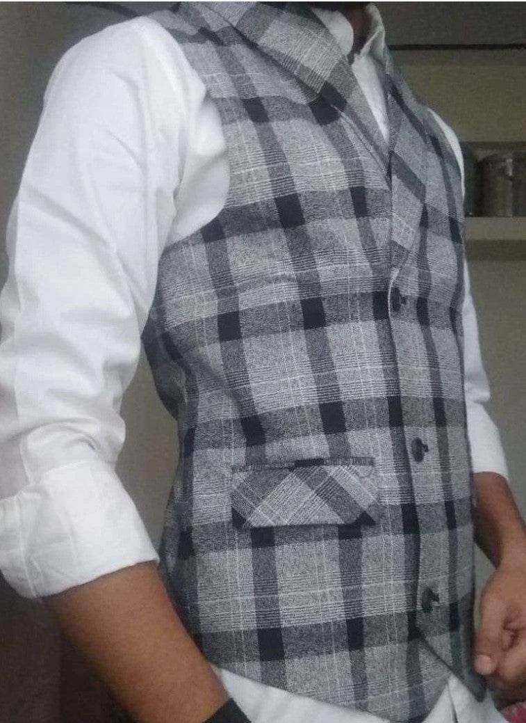 Men Plaid Double Breasted Pointed Hem Vest (ONLY VEST/NO SHIRT & TIE ) - styleflea