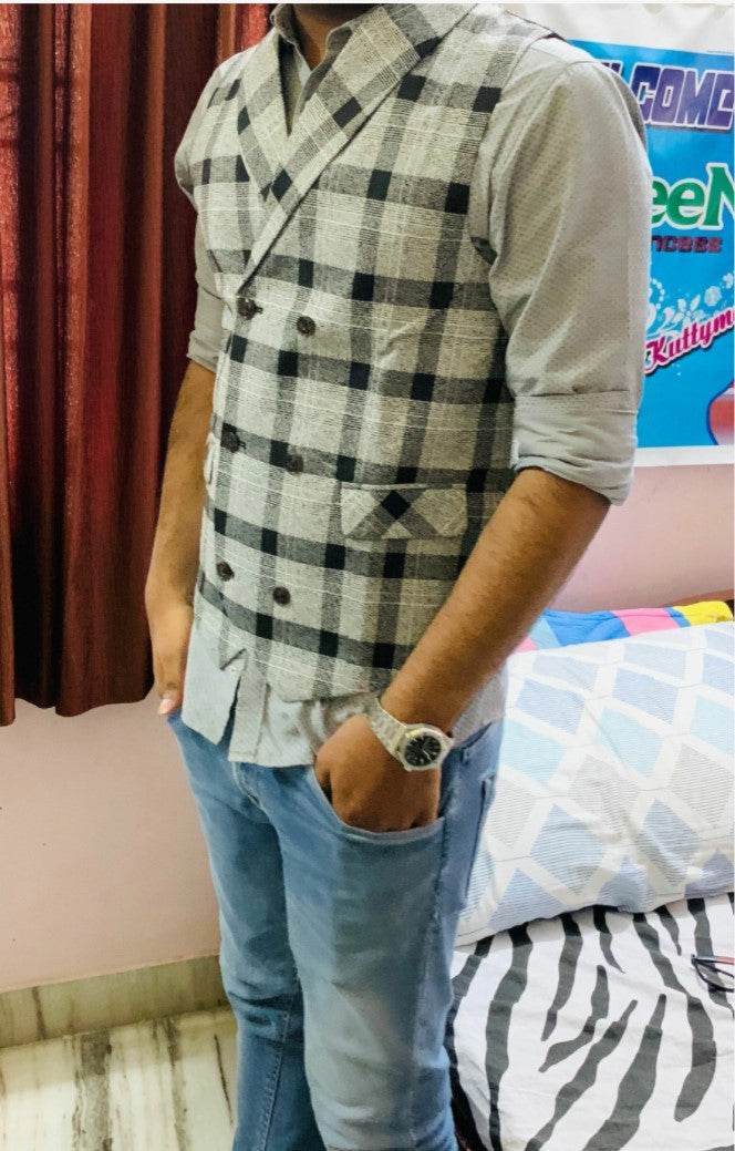 Men Plaid Double Breasted Pointed Hem Vest (ONLY VEST/NO SHIRT & TIE ) - styleflea