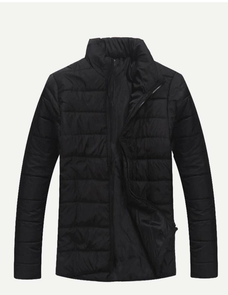 Men Solid Zipper Up Puffer Coat (Black)