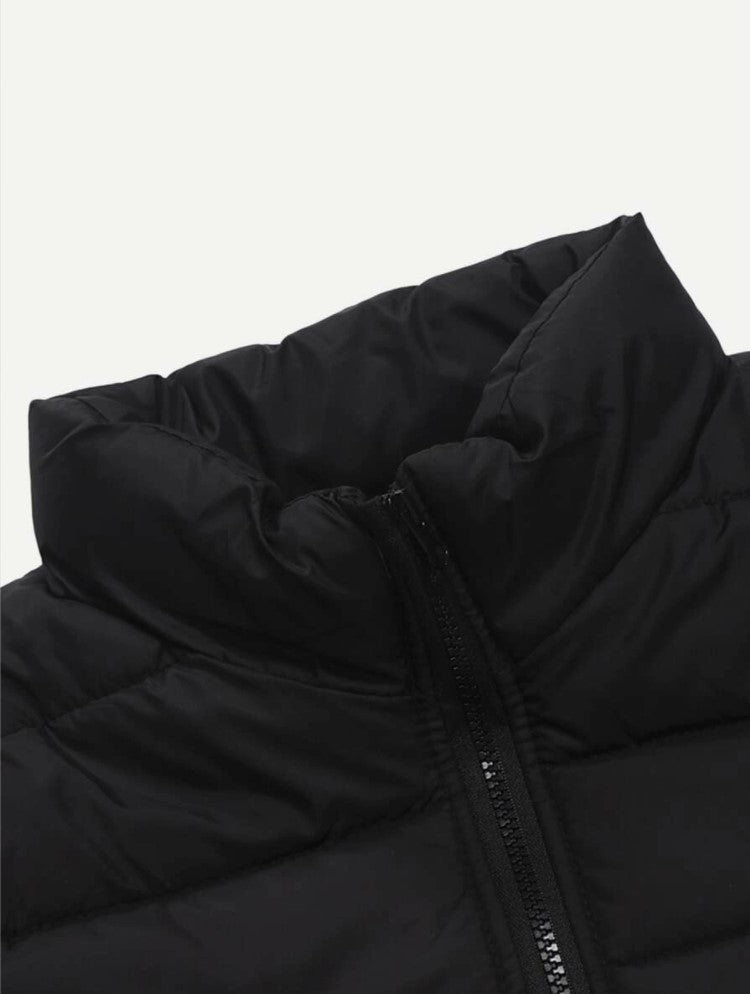 Men Solid Zipper Up Puffer Coat (Black)