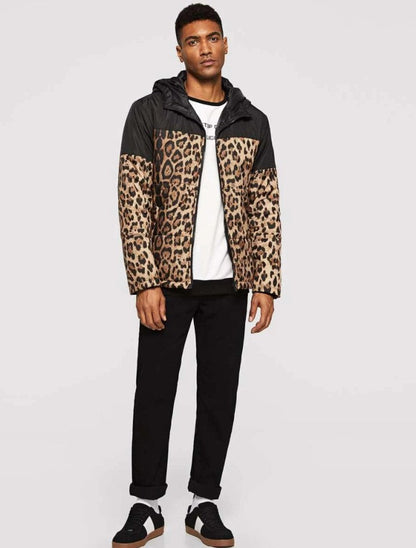 Men Solid Yoke Hooded Leopard Puffer Jacket