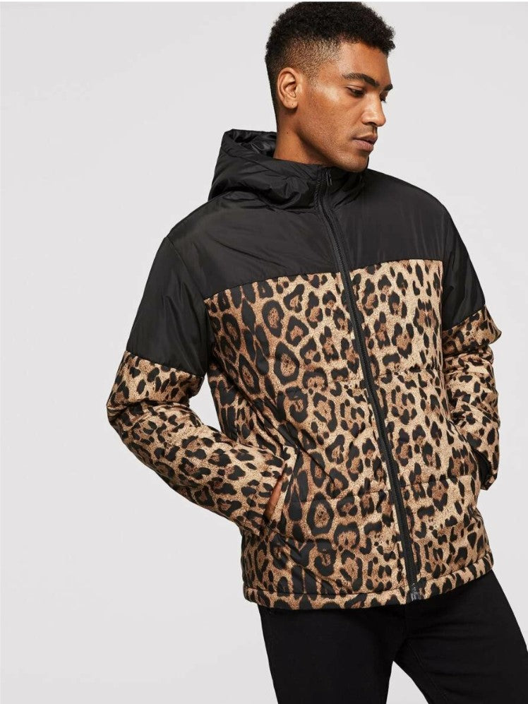 Men Solid Yoke Hooded Leopard Puffer Jacket