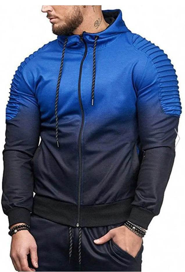 Gradient Print Shoulder Pleated Sports Zip Hoodie - styleflea