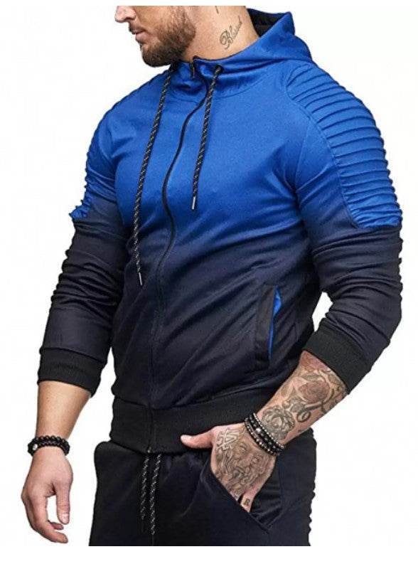 Gradient Print Shoulder Pleated Sports Zip Hoodie - styleflea