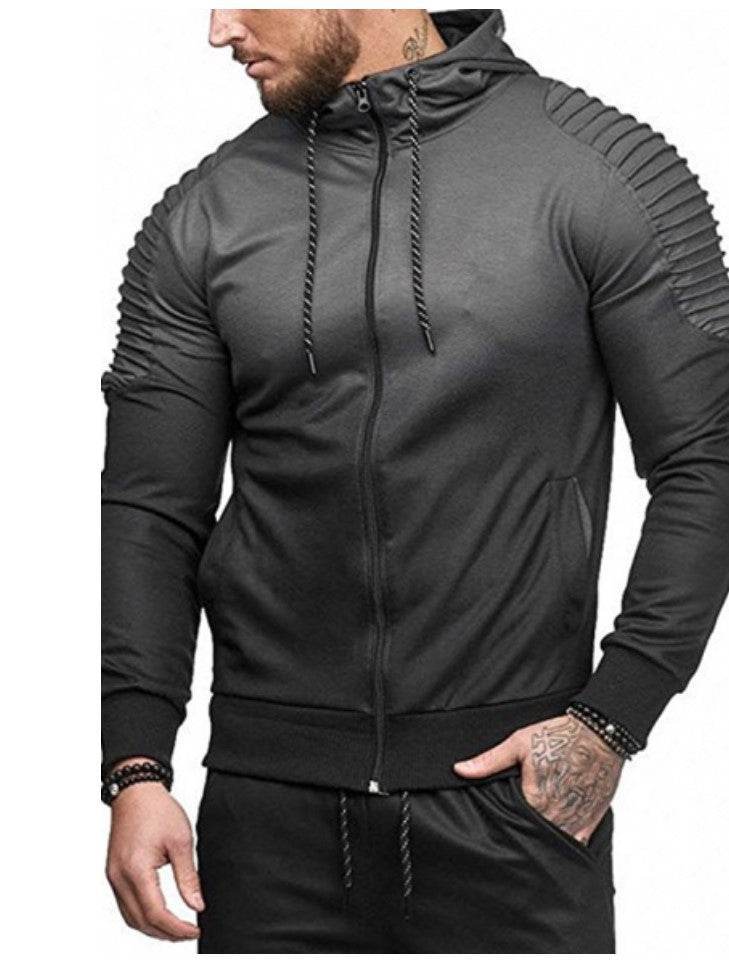 Gradient Print Shoulder Pleated Sports Zip Hoodie - styleflea